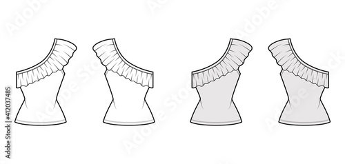 Top one-shoulder technical fashion illustration with ruffles, fitted body, stretch cotton. Flat apparel shirt template front, back, white, grey color. Women, men unisex CAD mockup