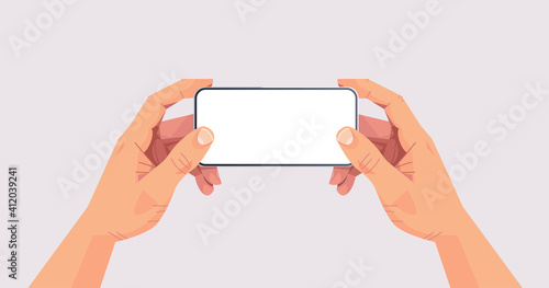 human hands holding smartphone with blank touch screen using mobile phone concept isolated horizontal vector illustration