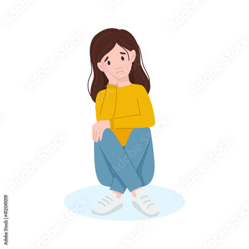 Vector illustration of sad girl sitting on the floor. Woman in depression.