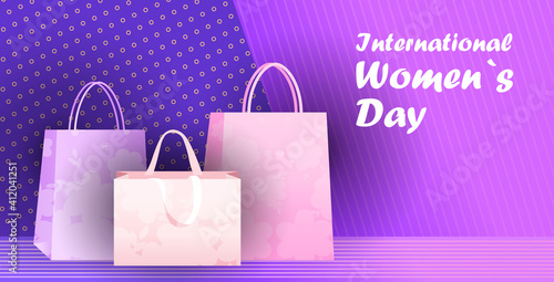 womens day 8 march holiday celebration sale banner flyer or greeting card with shopping bags horizontal vector illustration