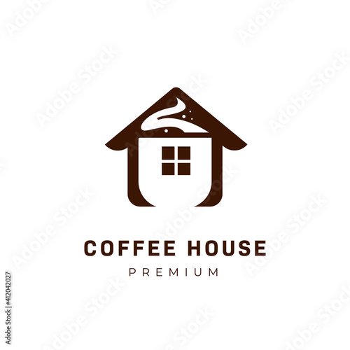 Coffee house logo with cup of coffee logo icon symbol inside house