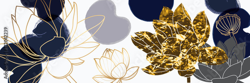 Luxury blue litus background vector with golden metallic decorate wall art