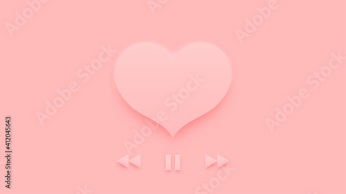 Concept of love. Heart shape and Music play button icon, player, arrow, next, sound, design isolated on peach pink background. Neumorphism and Minimal style. Valentine's day. Vector illustration.