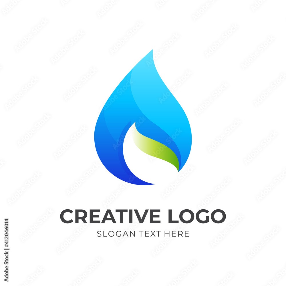 water leaf logo, water and leaf, combination logo with 3d blue and green color style water leaf logo, water and leaf, combination logo with 3d blue and green color style