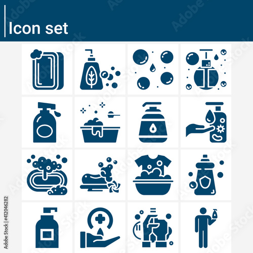 Simple set of washing powder related filled icons.