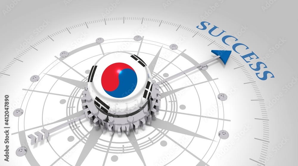 Business concept. Abstract compass points to the success word. Flag of South Korea. 3D rendering Business concept. Abstract compass points to the success word. Flag of South Korea. 3D rendering