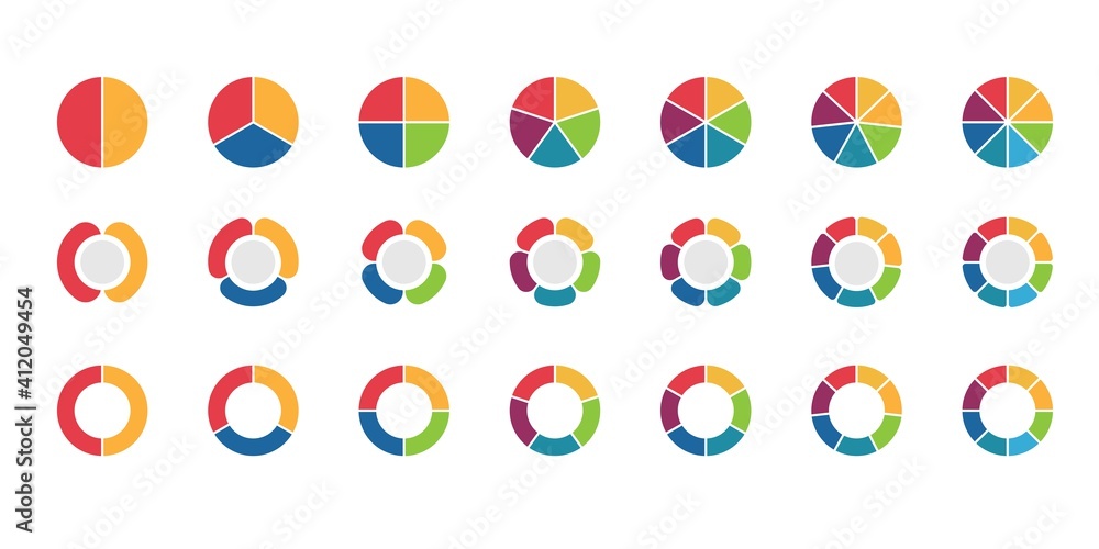 Pie chart set vector design. Vector circle with 2,3,4,5,6,7,8 sections or steps. Colorful circle icon for infographic, UI, or graphic resources. Pie chart set vector design. Vector circle with 2,3,4,5,6,7,8 sections or steps. Colorful circle icon for infographic, UI, or graphic resources.