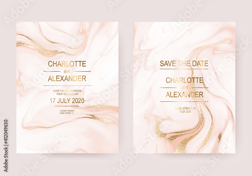 Liquid artistic marble wedding invitation cards with gold foil dust texture.