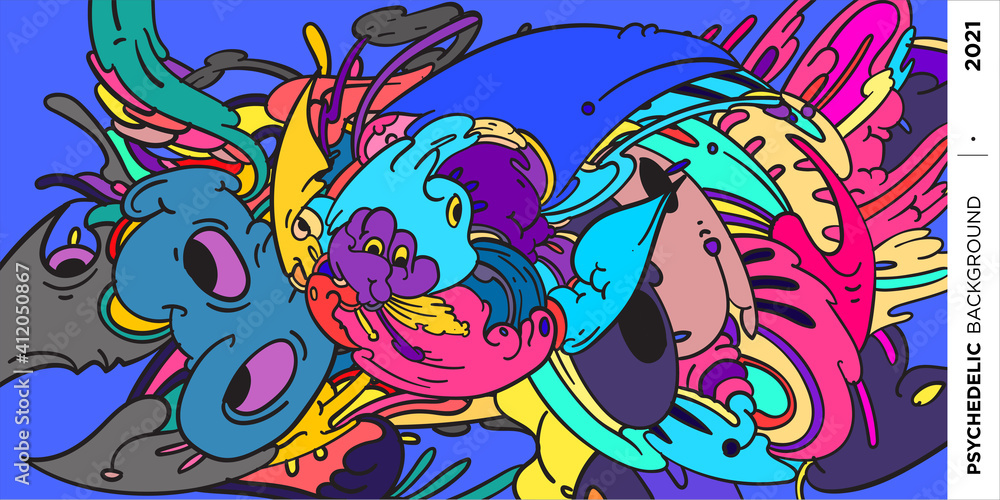 Psychedelic colorful vector hand drawn doodle illustration background for poster and banner