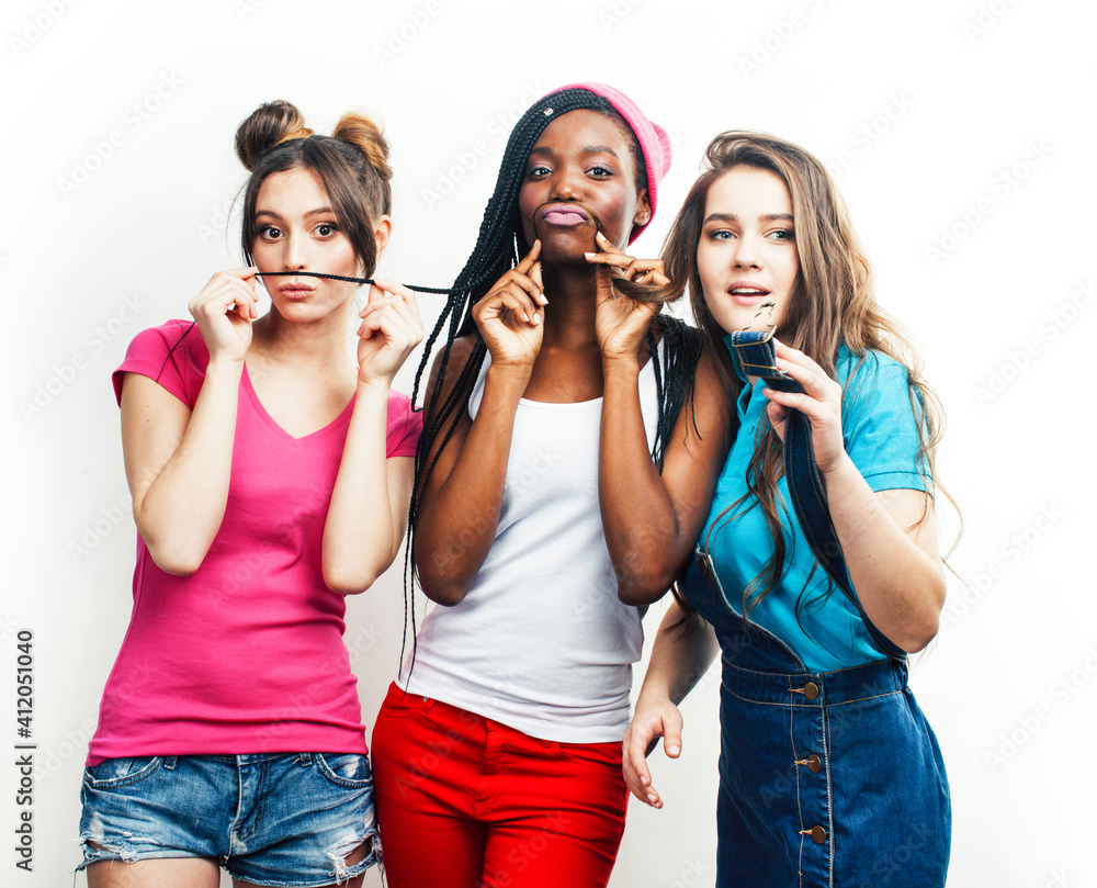 diverse multi nation girls group, teenage friends company cheerful having fun, happy smiling, cute posing isolated on white background, lifestyle people concept, african-american and caucasian diverse multi nation girls group, teenage friends company cheerful having fun, happy smiling, cute posing isolated on white background, lifestyle people concept, african-american and caucasian