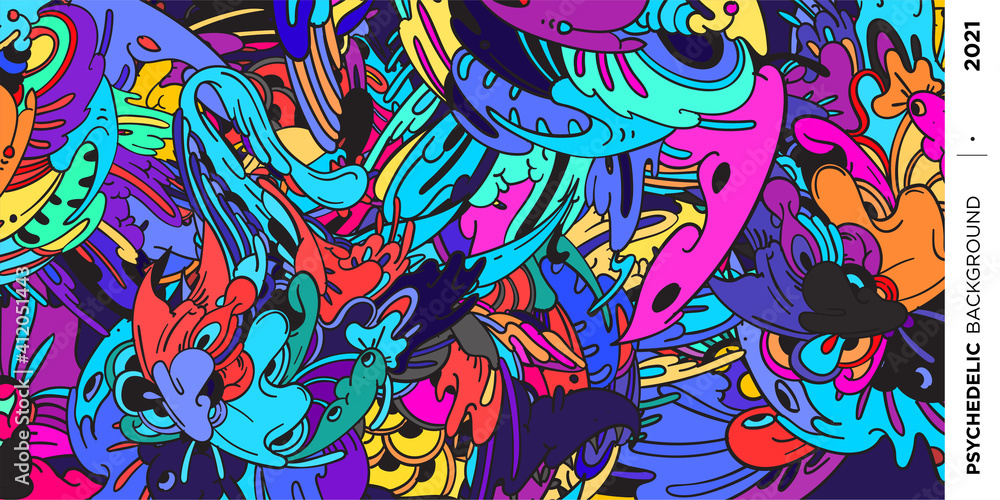 Psychedelic colorful vector hand drawn doodle illustration background for poster and banner