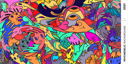 Psychedelic colorful vector hand drawn doodle illustration background for poster and banner