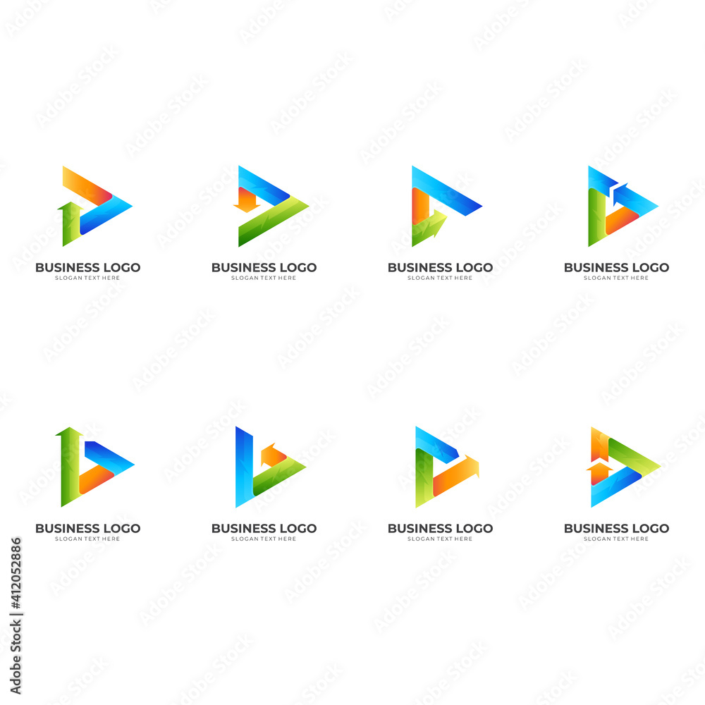 set play arrow logo, play and arrow, combination logo with 3d colorful style set play arrow logo, play and arrow, combination logo with 3d colorful style