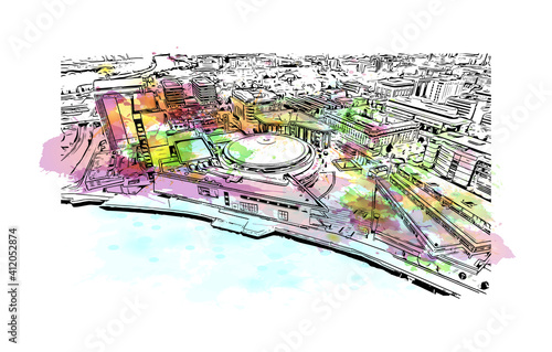 Building view with landmark of Belfast is the
capital of Northern Ireland. Watercolor splash with hand drawn sketch illustration in vector.