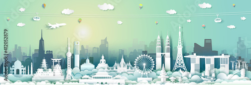 Traveling with capital city by balloon, airplane, Landmarks of asean.