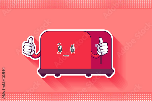 REALLY, ATTENTIVE, CURIOS Face Emotion. Double Thumb Up Finger Hand Gesture. Toaster Cartoon Drawing Mascot Illustration.