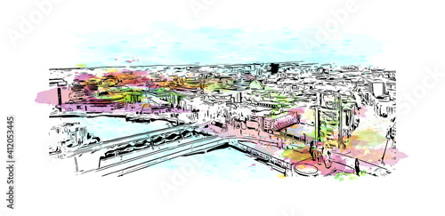 Building view with landmark of Belfast is the
capital of Northern Ireland. Watercolor splash with hand drawn sketch illustration in vector.