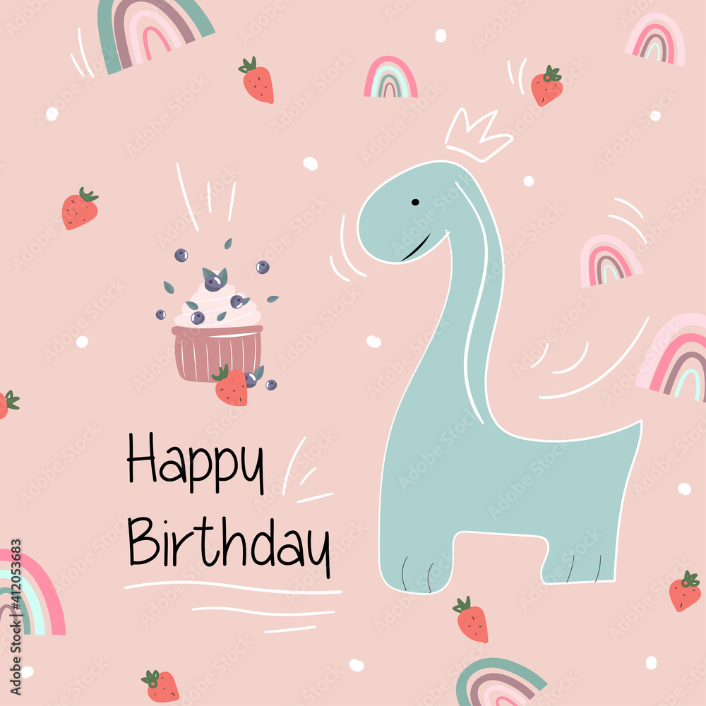 Fototapeta premium cute card with dinosaur in flat style. vector drawing with cute animals. greeting card for children.