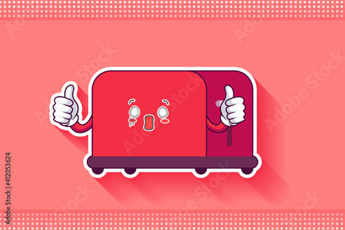 SPACED OUT, SURPRISED, SHOCKED Face Emotion. Double Thumb Up Finger Hand Gesture. Toaster Cartoon Drawing Mascot Illustration.