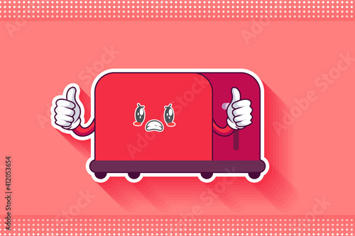 ANGRY, MAD, BAD MOOD Face Emotion. Double Thumb Up Finger Hand Gesture. Toaster Cartoon Drawing Mascot Illustration.