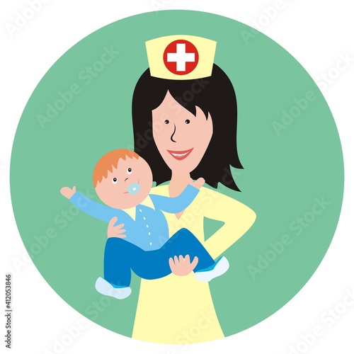 Nurse, woman with baby boy, vector illustration at circle green background