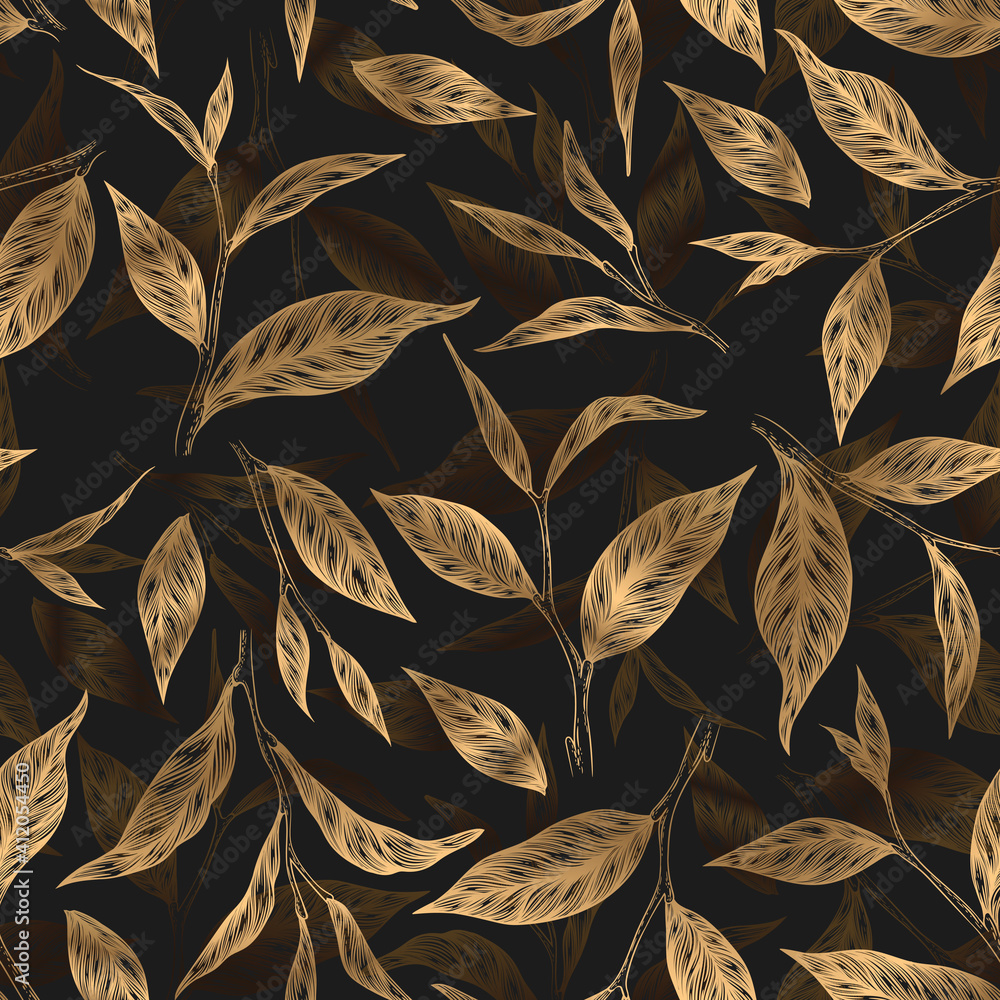 Vector seamless pattern with gold hand drawn tea leaves and branches ...