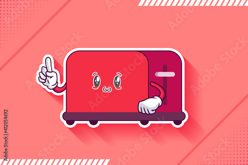 SMILING, HAPPY, UWU Face Emotion. Forefinger Gesture. Toaster Cartoon Drawing Mascot Illustration. photo