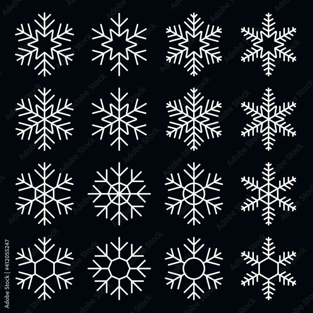 Icon set of snowflake. Icons in line style. Winter flat vector elements.