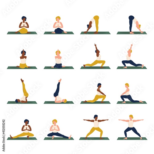 Yoga poses set. Girl practicing yoga. Yoga clases, healthy lifestyle. Vector illustration in flat style. 