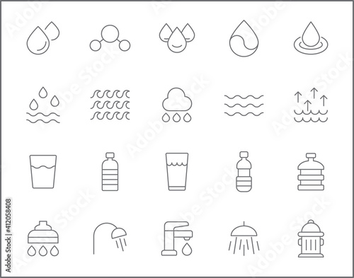 Set of water and drinks line style. It contains such Icons as bottle, glasses, bathroom, faucet, shower, h2o and other elements. customize color, easy resize.
