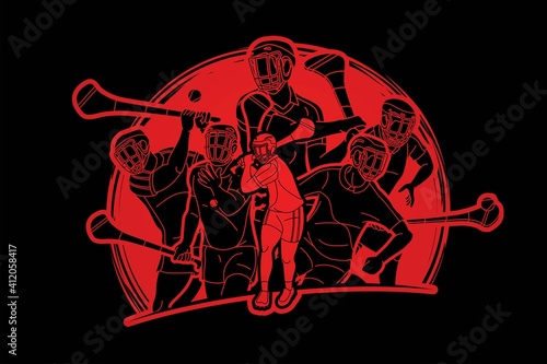 Irish Hurley Sport. Group of Hurling Sport Players Action.  Cartoon Graphic Vector.	