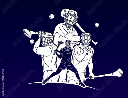 Irish Hurley Sport. Group of Hurling Sport Players Action.  Cartoon Graphic Vector.	