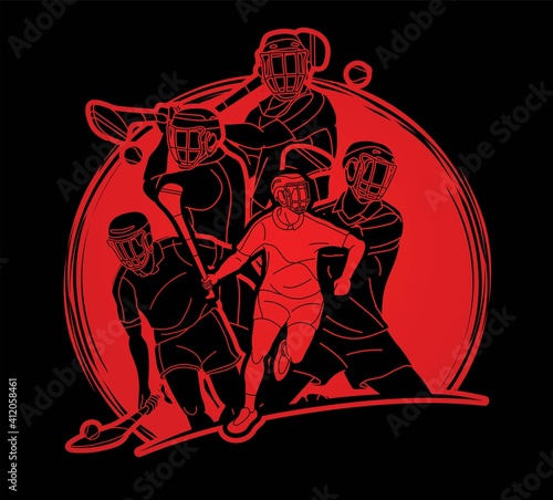 Irish Hurley Sport. Group of Hurling Sport Players Action.  Cartoon Graphic Vector.	