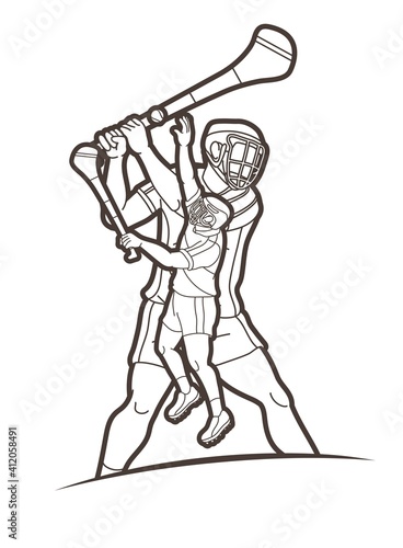 Irish Hurley Sport. Group of Hurling Sport Players Action.  Cartoon Graphic Vector.	