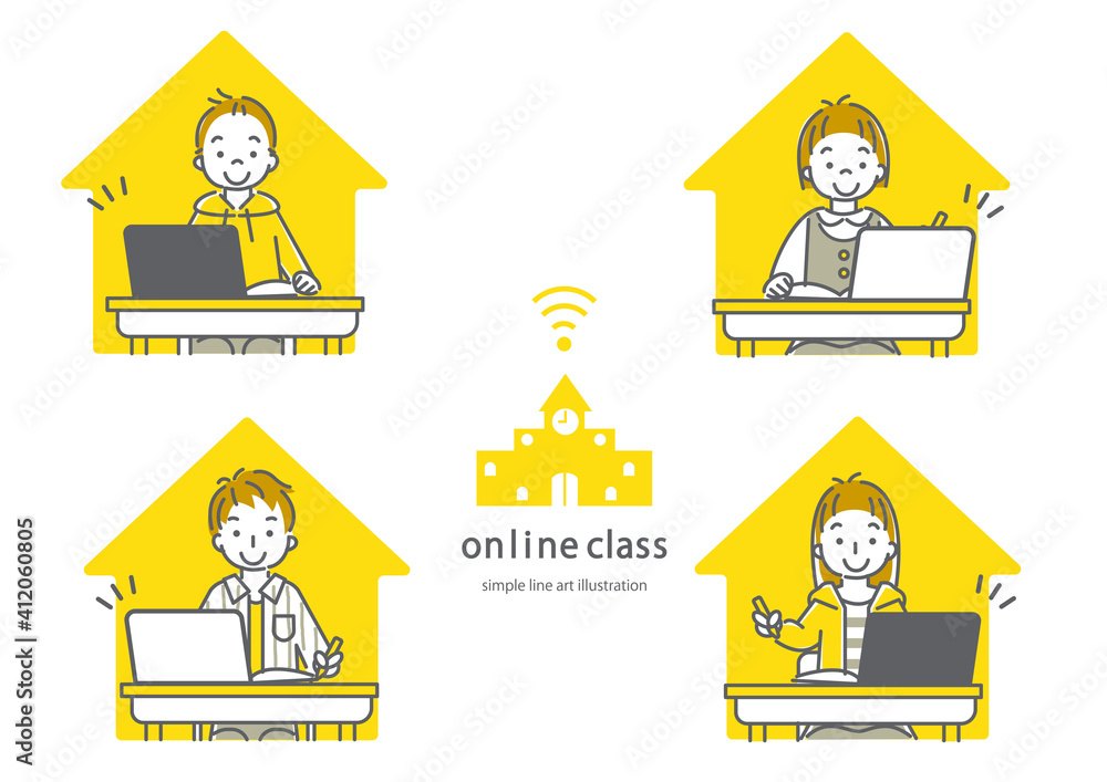 それぞれの自宅でオンライン授業を受ける中高生のイラスト素材 男女4人セット Stock Vector Adobe Stock