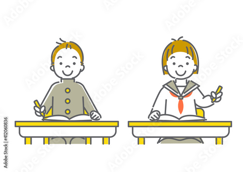 楽しく勉強する中学生の線画イラスト素材　男女セット