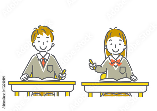 楽しく勉強する高校生の線画イラスト素材　男女セット