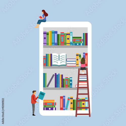 E-library on smartphone. Man and woman reading books via digital library in flat design. E-learning, online education. People love reading campaign.