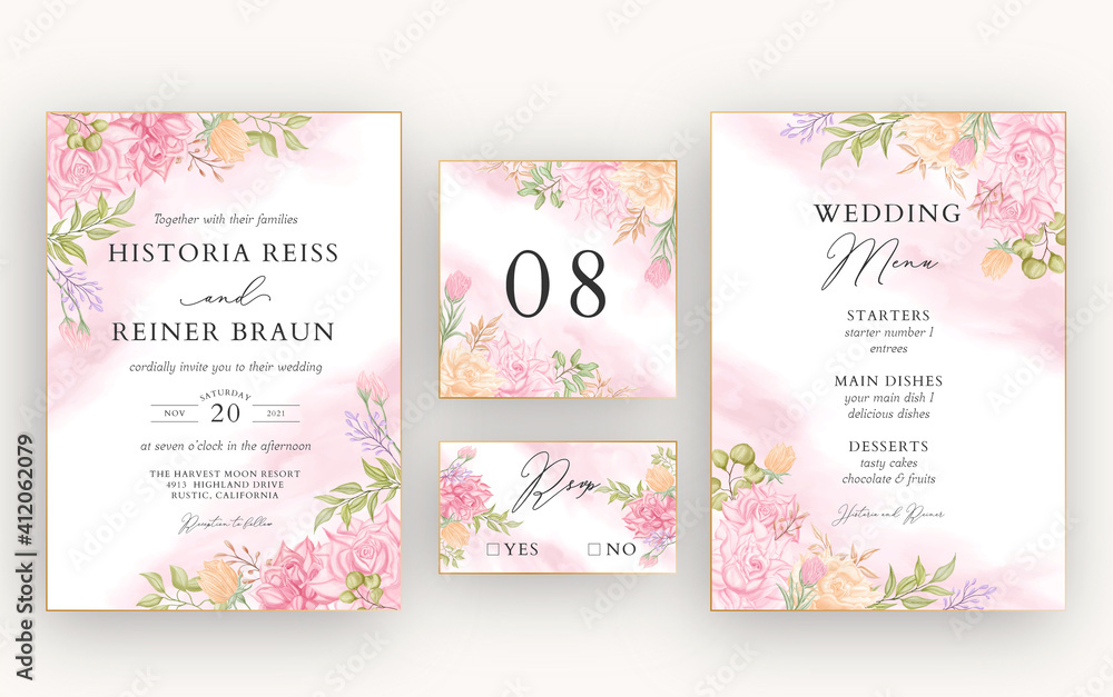 Beautiful watercolor floral wedding invitation card template set bundle