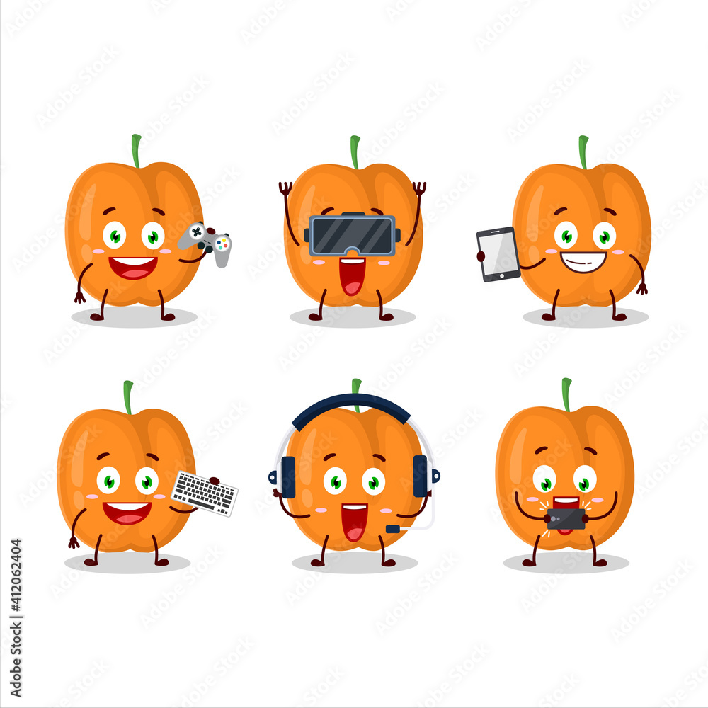 Apricot cartoon character are playing games with various cute emoticons Apricot cartoon character are playing games with various cute emoticons