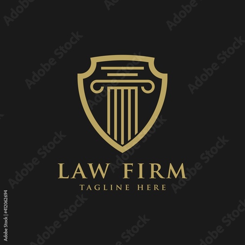 Law firm symbol logo, justice and shield vector icon