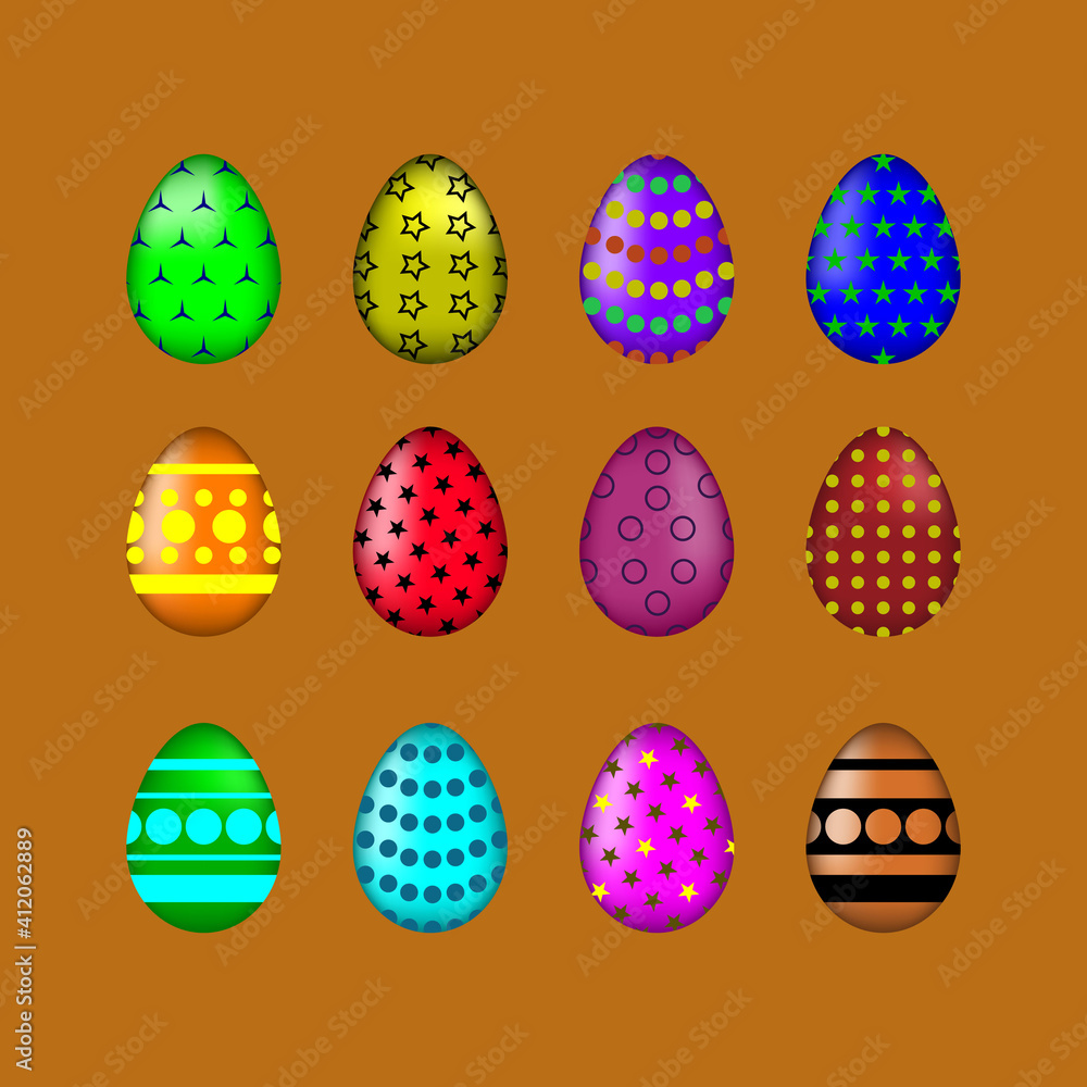 Set of muticolored eggs on orange background. Set of easter eggs. Flat. Vector illustration