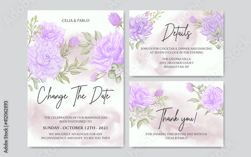 Postponed wedding invitation card template with watercolor flower frame set collection bundle