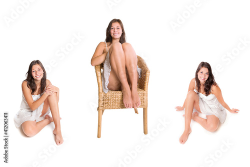 Billede på lærred Laughing young woman wearing short summer skirt and white top, three photos isol