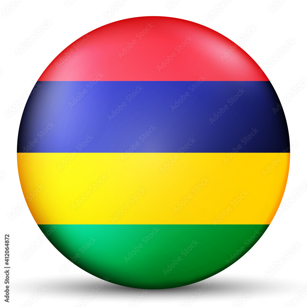 Glass light ball with flag of Mauritius. Round sphere, template icon. Mauritian national symbol. Glossy realistic ball, 3D abstract vector illustration highlighted on a white background. Big bubble. Glass light ball with flag of Mauritius. Round sphere, template icon. Mauritian national symbol. Glossy realistic ball, 3D abstract vector illustration highlighted on a white background. Big bubble.