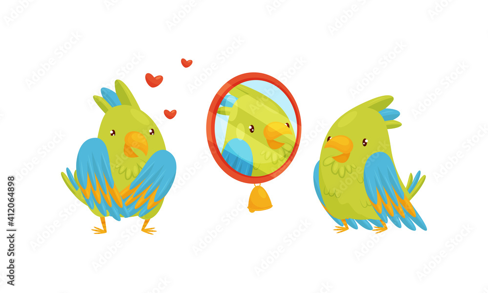 Cute Green Parrot Looking in the Mirror and Feeling Love Vector Set Cute Green Parrot Looking in the Mirror and Feeling Love Vector Set