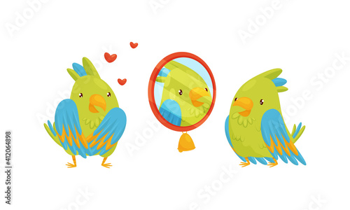 Cute Green Parrot Looking in the Mirror and Feeling Love Vector Set © Happypictures