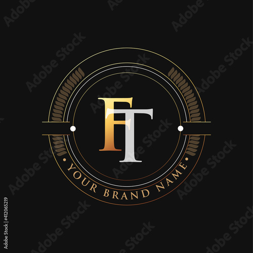 initial letter logo FT gold and white color, with stamp and circle object, Vector logo design template elements for your business or company identity.