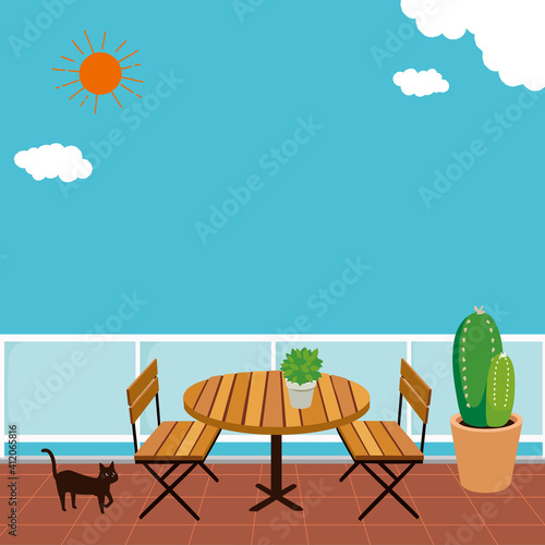 バルコニーのテーブルと椅子　イラスト