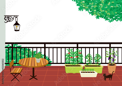 バルコニーで家庭菜園　イラスト